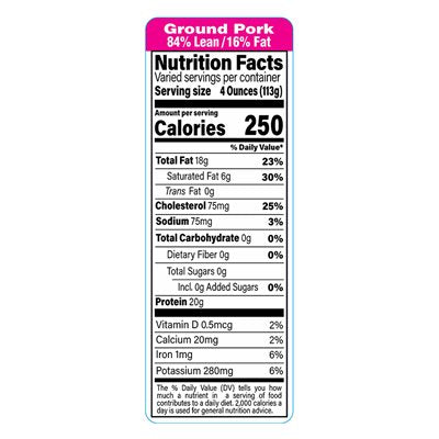 Ground Pork 84/16 Economy Nutrition Fact Label