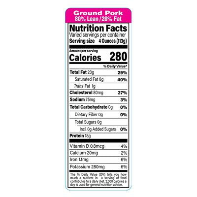 Ground Pork 80/20 Economy Nutrition Fact Label