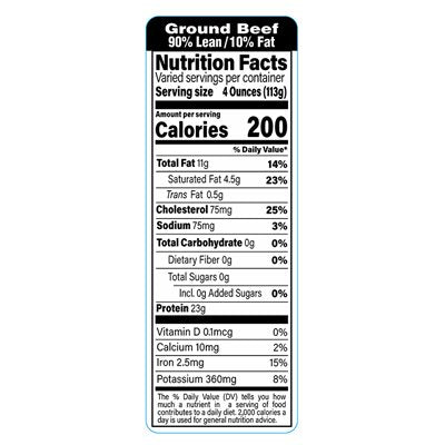 90% Lean 10% Fat Ground Beef Nutrition Fact Label