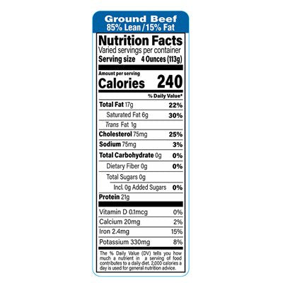 85% Lean 15% Fat Ground Beef Nutrition Fact Label