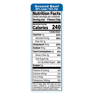 85% Lean 15% Fat Ground Beef Nutrition Fact Labels