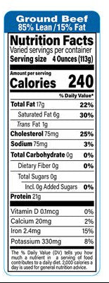 Ground Beef 85/15 Economy Nutrition Fact Label