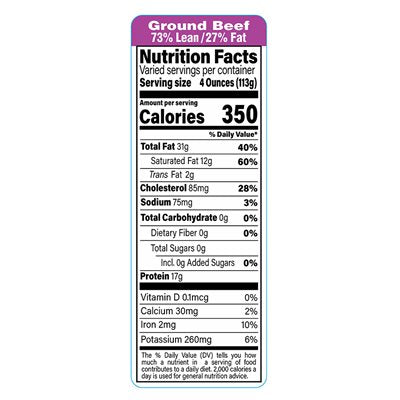 73% Lean 27% Fat Ground Beef Nutrition Fact Label