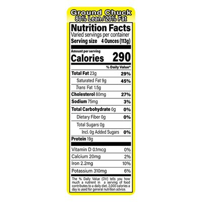 80/20% Ground Chuck Nutrition Fact Labels