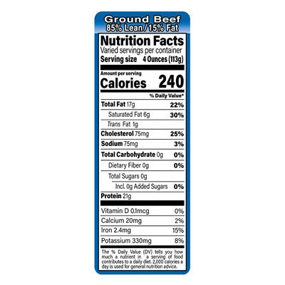 85% Lean 15% Fat Ground Beef Nutrition Fact Labels