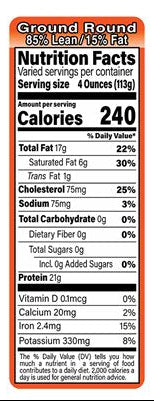Ground Round 85/15 Economy Nutrition Fact Label