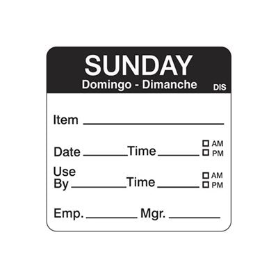 Sunday Day of Week Shelf Life 2" Labels