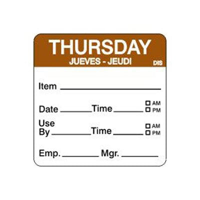 Thursday Day of Week Shelf Life 2" Labels