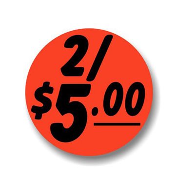 2 For $5.00 1.25" Circle Red Orange DayGlo Price Labels