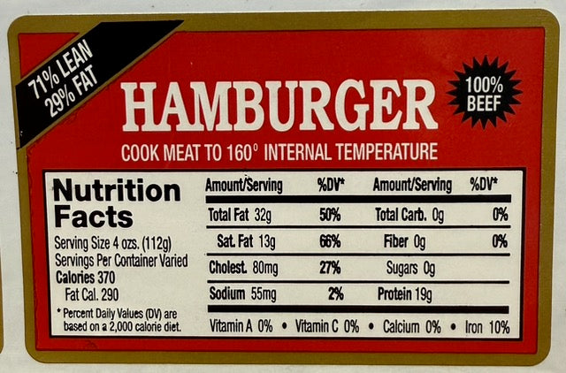 71/29 Hamburger Nutrition Fact Label