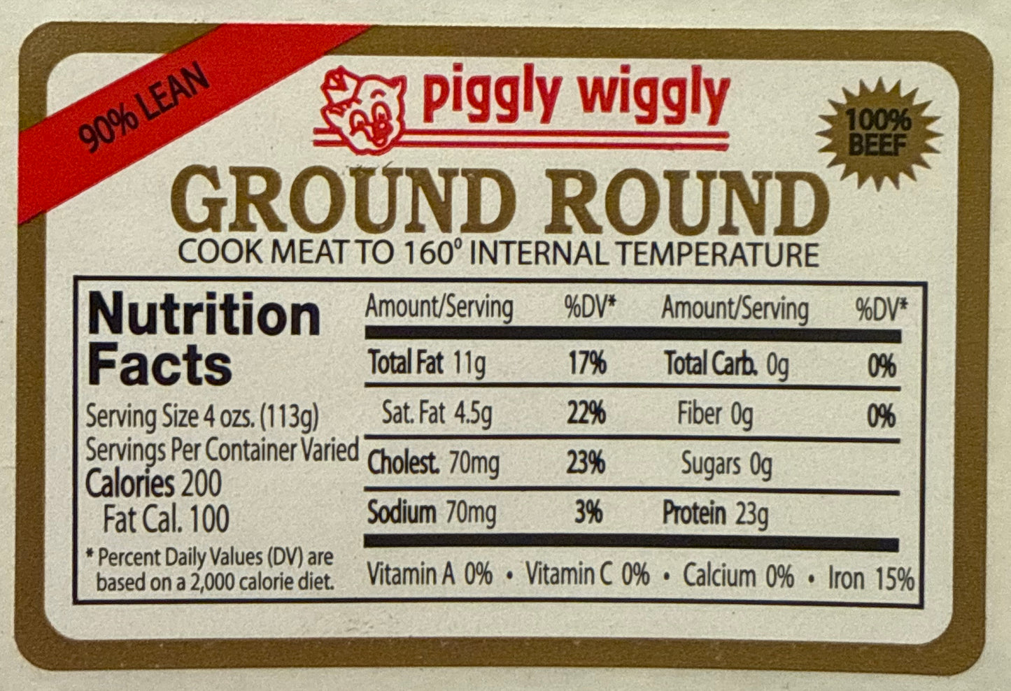Piggly Wiggly 90% Ground Round Nutrition Fact Label