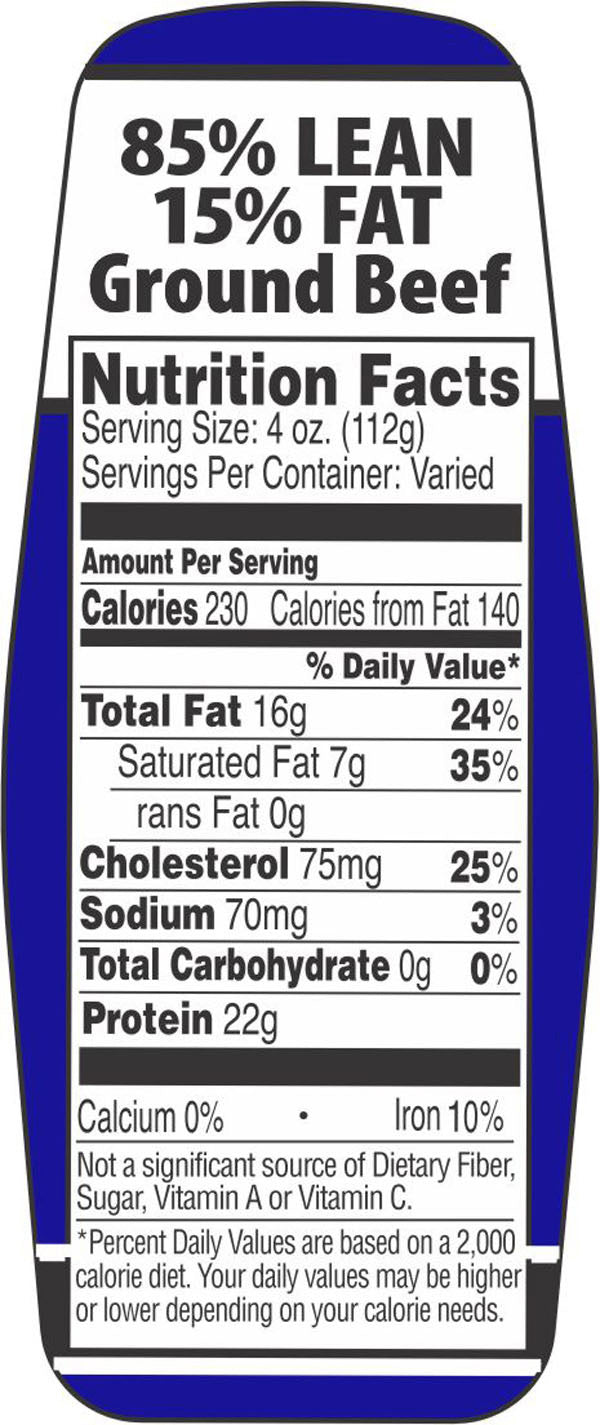 85/15 Ground Beef Nutrition Fact Labels