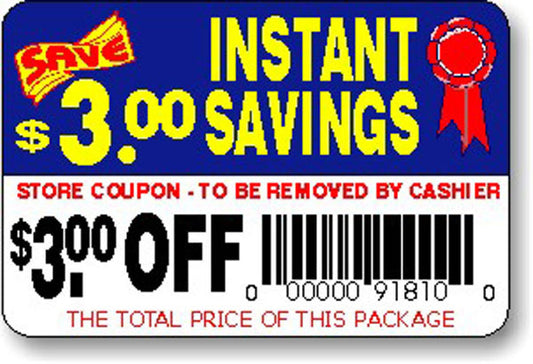 $3.00 Off Instant Savings Coupon Labels, $3 Off Stickers