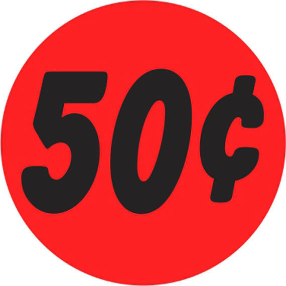 50 Percent Off sale price sticker for retail shop