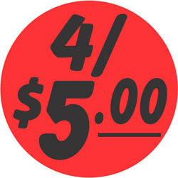 4 For $5.00 1.25" Circle Red Orange DayGlo Price Labels