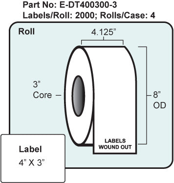 4" x 3" Direct Thermal Labels 8" OD, NO Perf, 4 Rolls