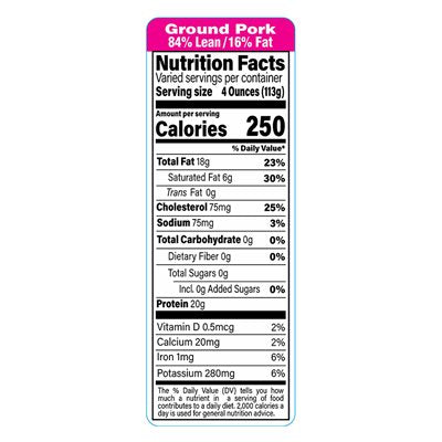 Ground Pork 84/16 Economy Nutrition Fact Labels