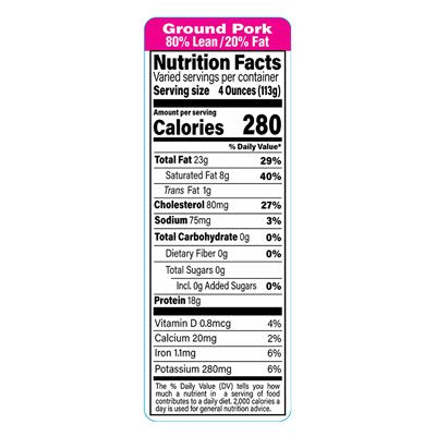 Ground Pork 80/20 Economy Nutrition Fact Labels
