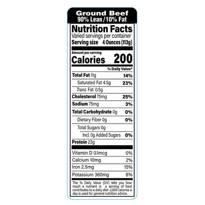 90% Lean 10% Fat Ground Beef Nutrition Fact Labels