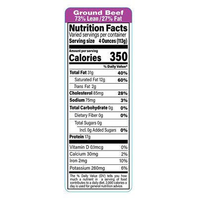 73% Lean 27% Fat Ground Beef Nutrition Fact Labels