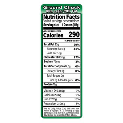 80/20% Ground Chuck Nutrition Fact Labels