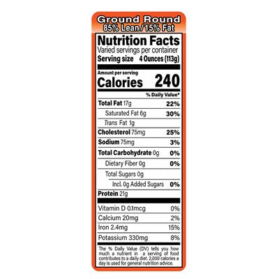 85/15% Lean Ground Round Nutrition Fact Labels