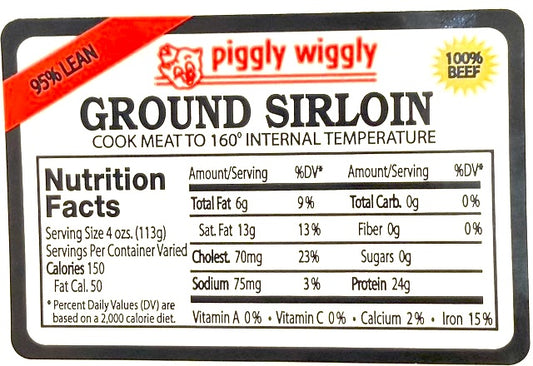 Piggly Wiggly 95% Lean Ground Sirloin Nutrition Fact Label