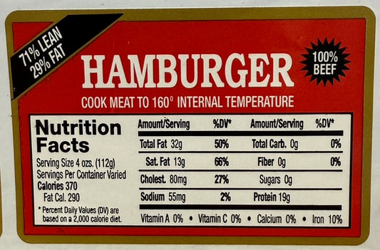 71/29 Hamburger Nutrition Fact Label
