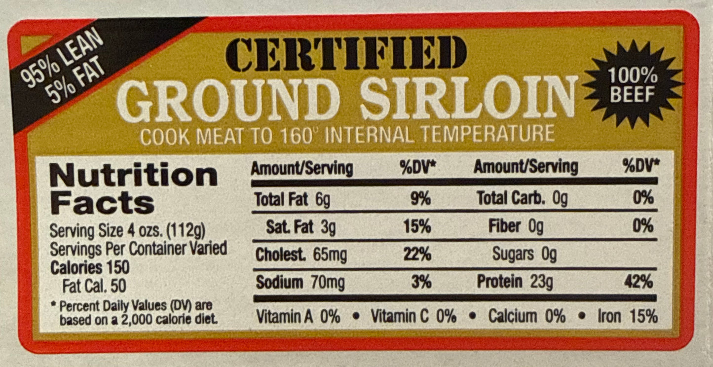 Certified Ground Sirloin 95/05 Nutrition Fact Label