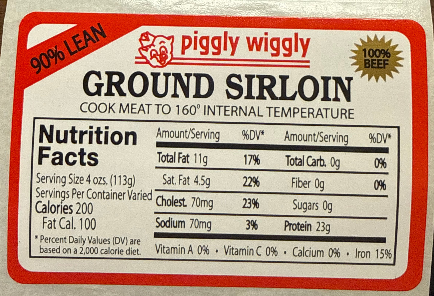 Piggly Wiggly 90% Ground Sirloin Nutrition Fact Label