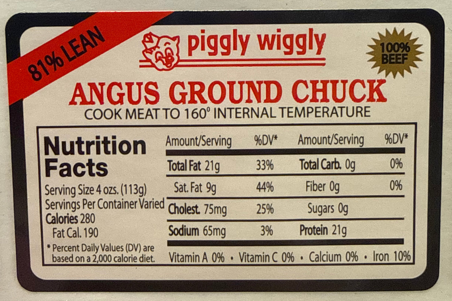Piggly Wiggly 81% Angus Ground Chuck Nutrition Fact Label