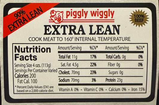Piggly Wiggly 90% Extra Lean Nutrition Fact Label