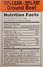 75/25 Ground Beef Nutrition Fact Label