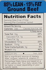 85/15 Ground Beef Nutrition Fact Label