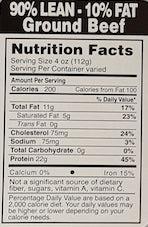 90/10 Ground Beef Nutrition Fact Label