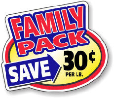 Family Pack Save 30 Cents Per LB Oval Labels, Stickers