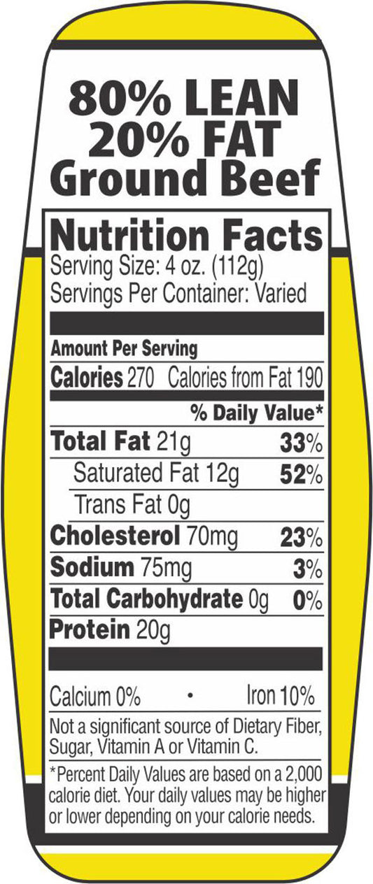 80/20 Ground Beef Fact Nutrition Labels