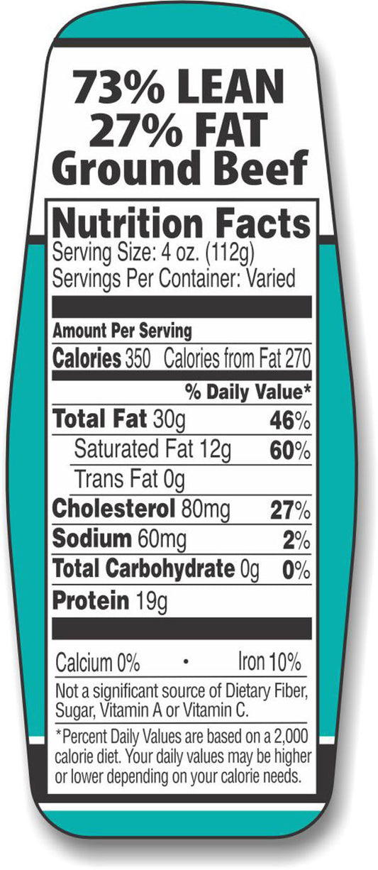 73/27 Fat Ground Beef Nutrition Fact Labels