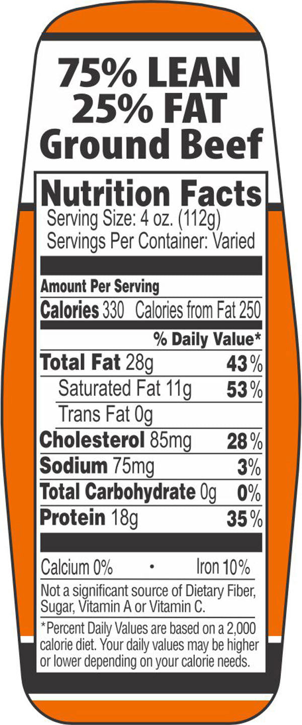 75/25 Ground Beef Nutrition Fact Labels