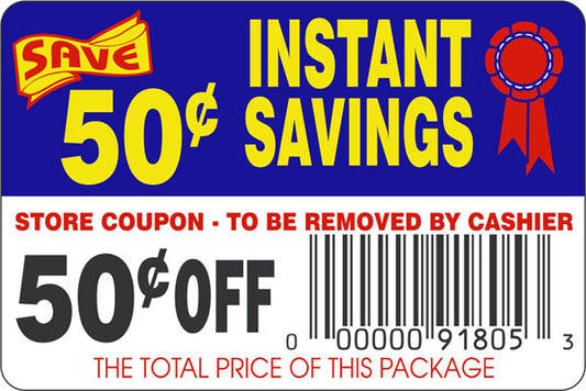 50 Cents Off Instant Savings Coupon Labels, Stickers