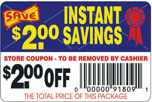 $2.00 Off Instant Savings Coupon Labels, $2 OFF Stickers