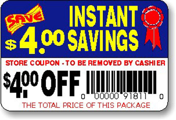 $4.00 Off Instant Savings Coupon Labels, $4 Off Stickers