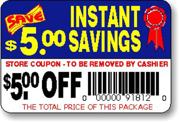 $5.00 Off Instant Savings Coupon Labels, $5 Off Stickers