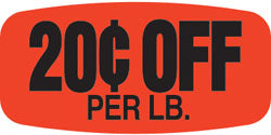 .20 Cents Off per LB Red Orange Dayglo Labels