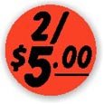 2 For $5.00 1.5" Circle Red Orange DayGlo Price Labels