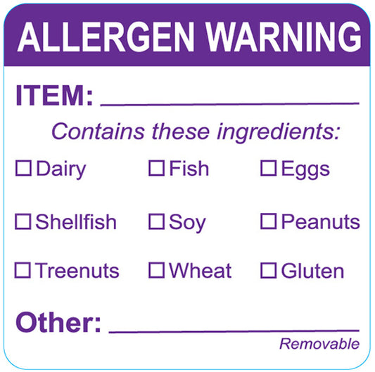 2" Food Allergen Warning Check Off Label