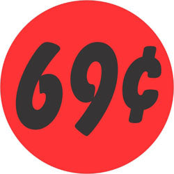 69 Cents 1.25" Circle Red Orange DayGlo Price Labels
