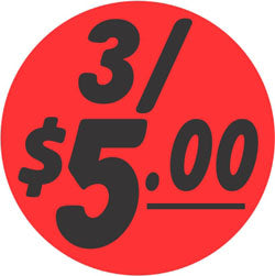 3 For $5.00 1.25" Circle Red Orange DayGlo Price Labels