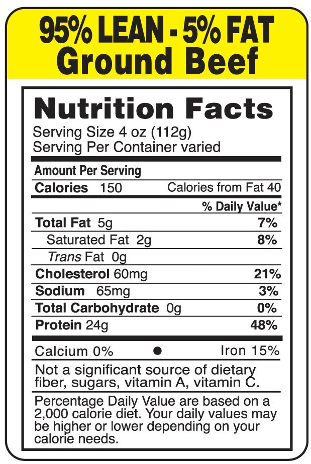 95% Lean 5% Fat Ground Beef Economy Nutrition Fact Labels