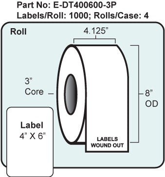 4" x 6" Direct Thermal Labels 8" OD, with Perf, 4 Rolls